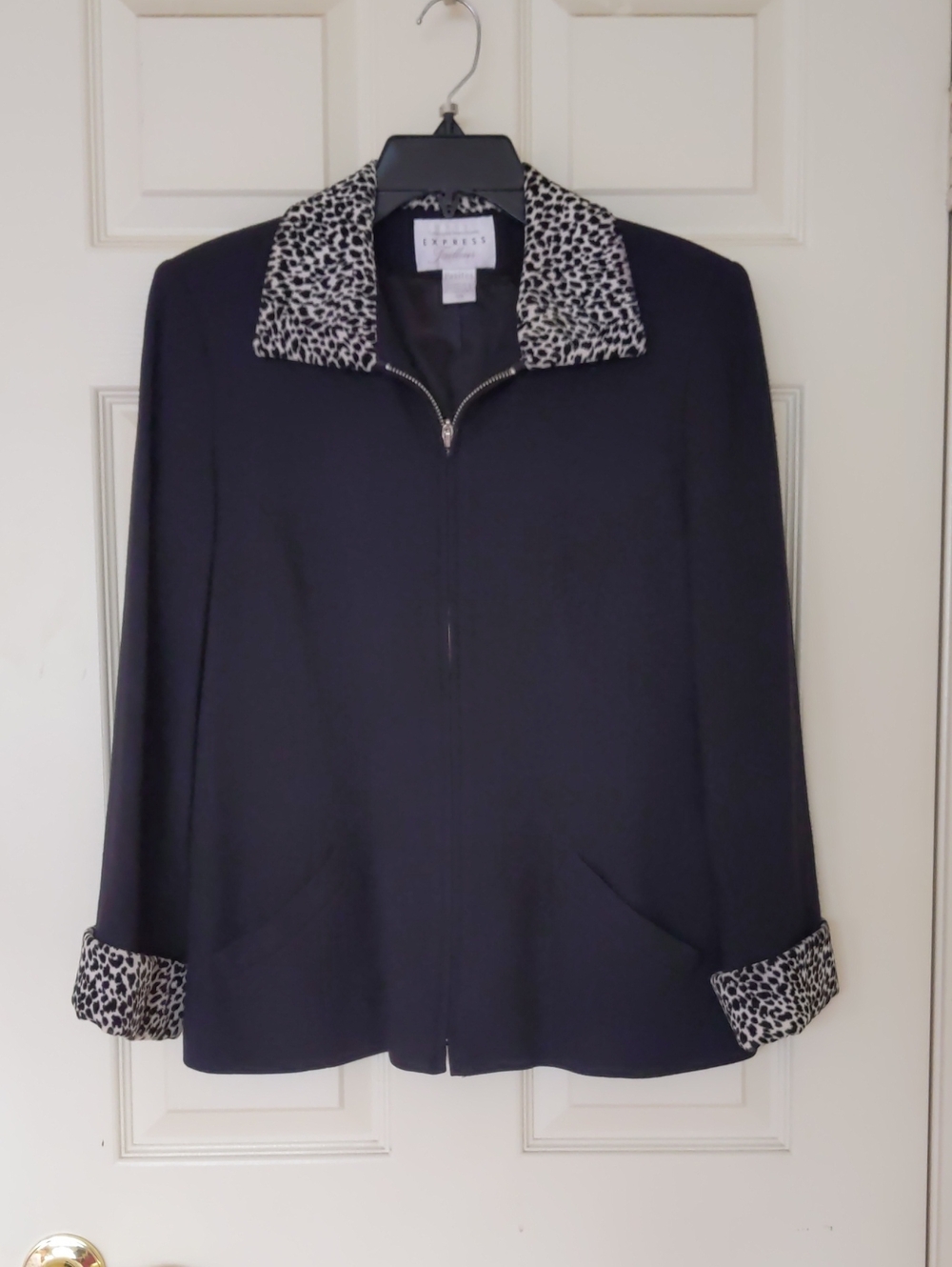 Express Wool/Rayon Blended Black Jacket w/Leopard-Print Collar, Cuffs & Lining.